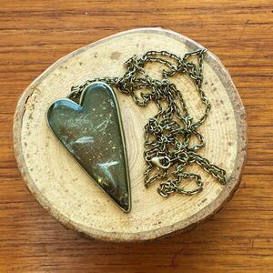 Elongated Heart Pendant Necklace Mica Gold Leaf on Antique Bronze Plated Chain